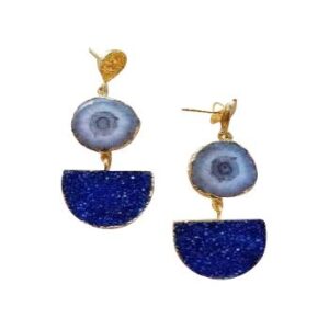 Black/Grey Solar Quartz and Midnight Druzy Agate Gold Pendant Earrings